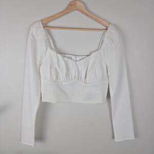 ASTR The‎ Label Cropped Top Large White Textured Smocked Square Neck Long Sleeve
